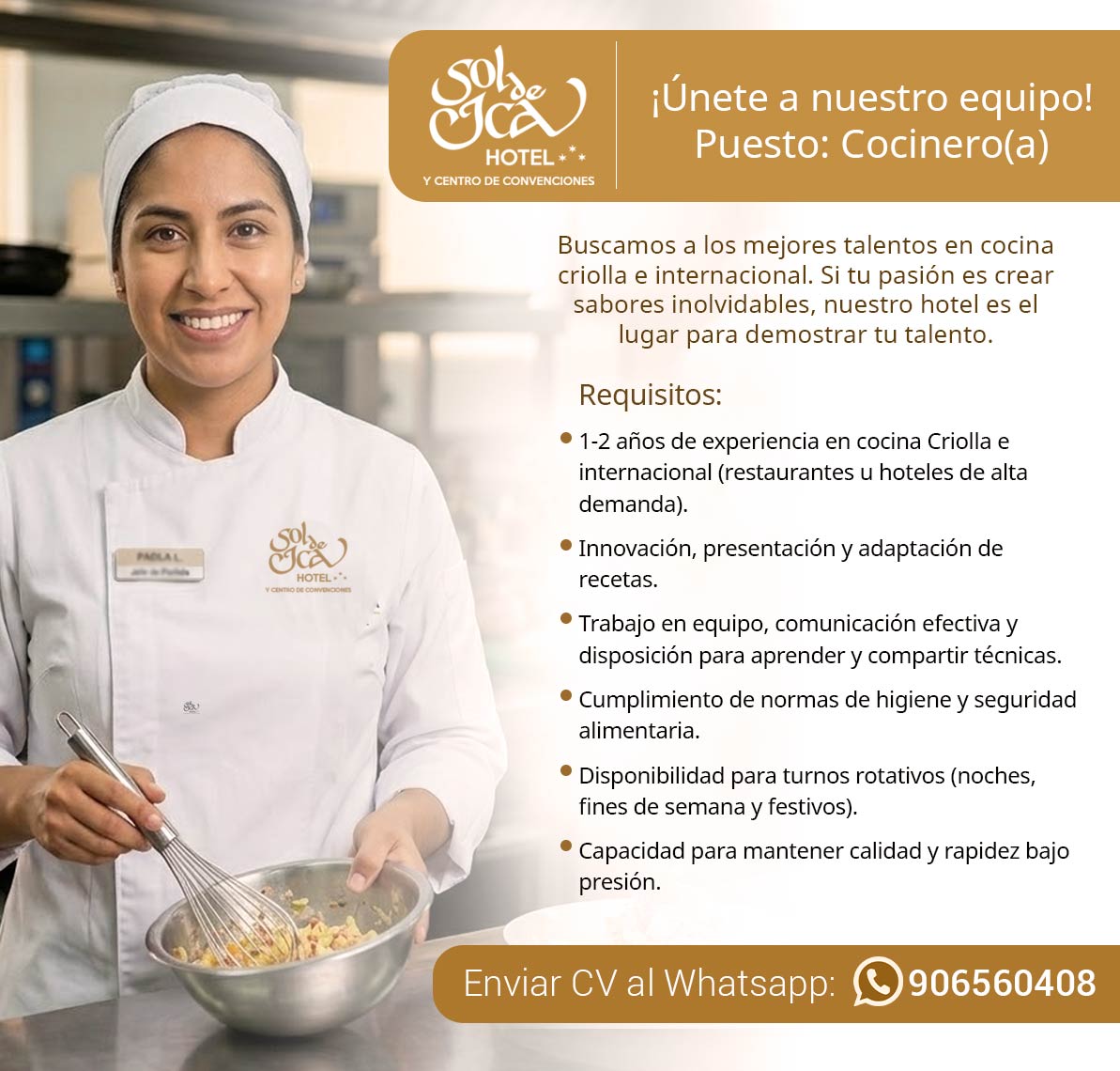puesto laboral cocinero  hotel sol de ica