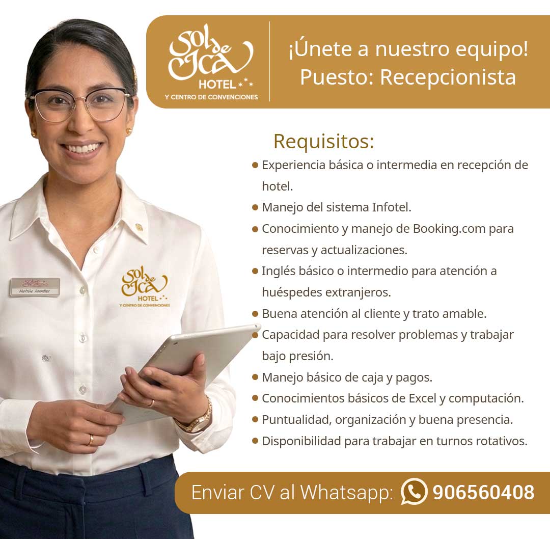 puesto laboral recepcionista hotel sol de ica